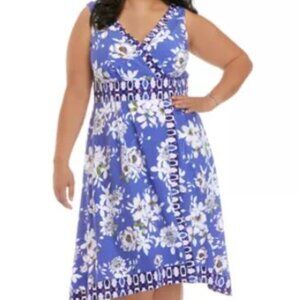 NWT Chris McLaughlin Sleeveless Blue Floral Print V Neck Dress Size 24W